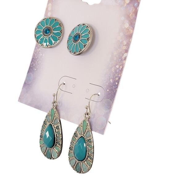 2 Pair Earring Set Teal Blue Flower Stud & Drop Dangle Boho Festival Retro Style - Picture 3 of 9